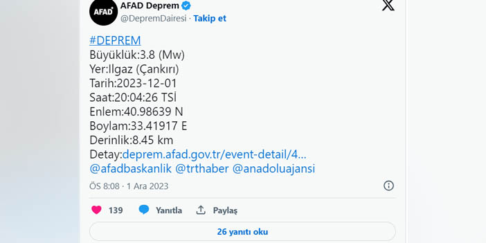 AFAD Duyurdu: Korkutan Deprem